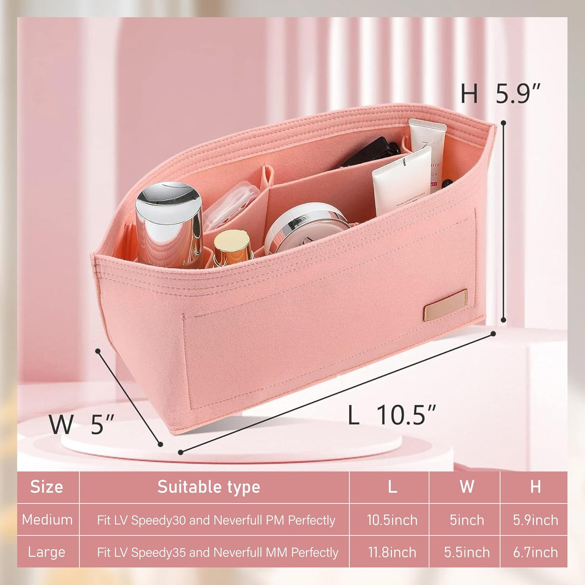 Tote Bag Organizer Insert with Base Shaper, Felt Neverfull MM Organizer, Purse Organizer Insert with Zipper Pocket and Bottle Holder, Fits Speedy 30 Neverfull MM Tote Handbags and More,Beige-L