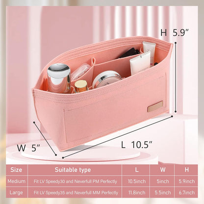 Tote Bag Organizer Insert with Base Shaper, Felt Neverfull MM Organizer, Purse Organizer Insert with Zipper Pocket and Bottle Holder, Fits Speedy 30 Neverfull MM Tote Handbags and More,Beige-L