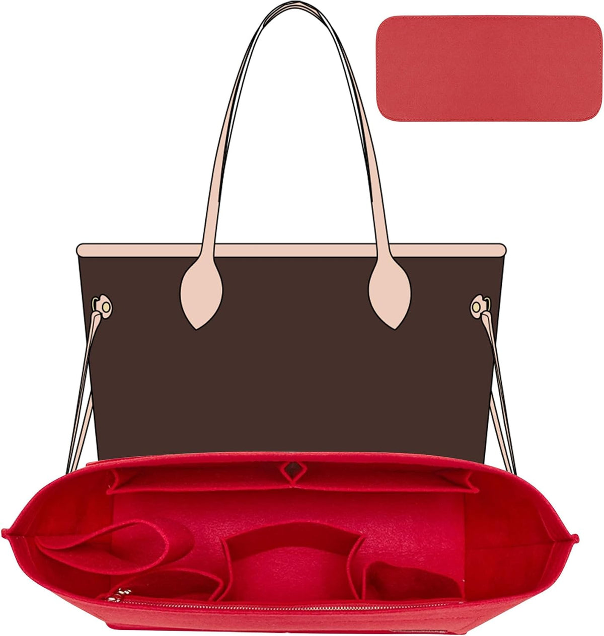 Tote Bag Organizer Insert with Base Shaper, Felt Neverfull MM Organizer, Purse Organizer Insert with Zipper Pocket and Bottle Holder, Fits Speedy 30 Neverfull MM Tote Handbags and More,Beige-L