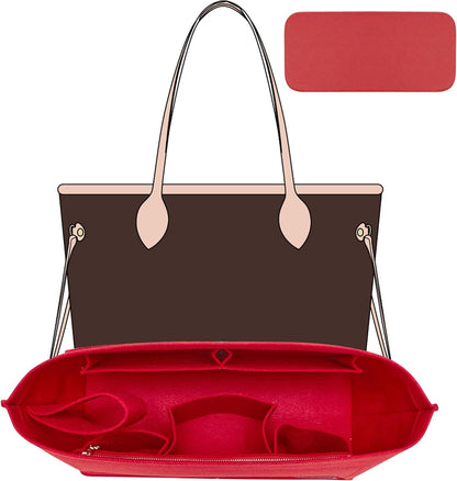 Tote Bag Organizer Insert with Base Shaper, Felt Neverfull MM Organizer, Purse Organizer Insert with Zipper Pocket and Bottle Holder, Fits Speedy 30 Neverfull MM Tote Handbags and More,Beige-L