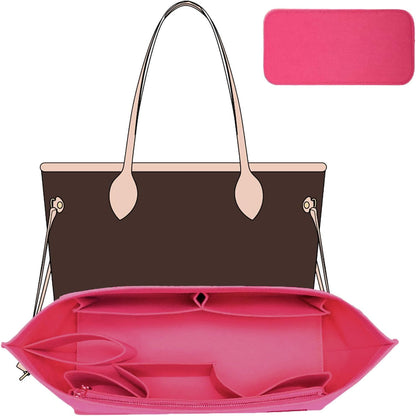 Tote Bag Organizer Insert with Base Shaper, Felt Neverfull MM Organizer, Purse Organizer Insert with Zipper Pocket and Bottle Holder, Fits Speedy 30 Neverfull MM Tote Handbags and More,Beige-L