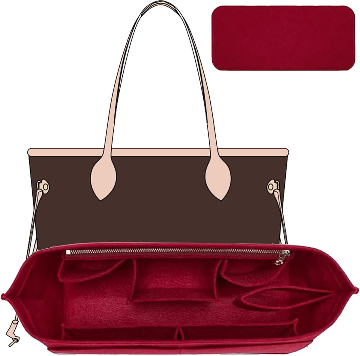 Tote Bag Organizer Insert with Base Shaper, Felt Neverfull MM Organizer, Purse Organizer Insert with Zipper Pocket and Bottle Holder, Fits Speedy 30 Neverfull MM Tote Handbags and More,Beige-L