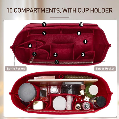 Tote Bag Organizer Insert with Base Shaper, Felt Neverfull MM Organizer, Purse Organizer Insert with Zipper Pocket and Bottle Holder, Fits Speedy 30 Neverfull MM Tote Handbags and More,Beige-L