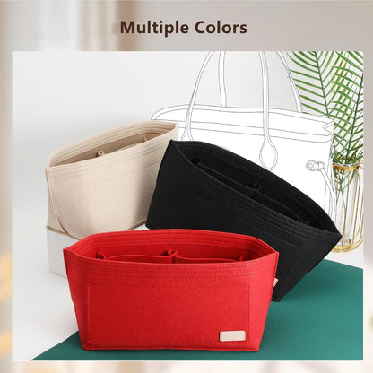 Tote Bag Organizer Insert with Base Shaper, Felt Neverfull MM Organizer, Purse Organizer Insert with Zipper Pocket and Bottle Holder, Fits Speedy 30 Neverfull MM Tote Handbags and More,Beige-L