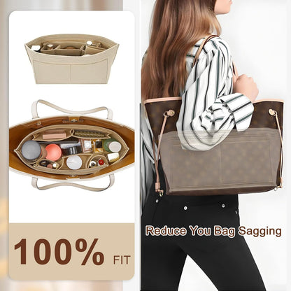 Tote Bag Organizer Insert with Base Shaper, Felt Neverfull MM Organizer, Purse Organizer Insert with Zipper Pocket and Bottle Holder, Fits Speedy 30 Neverfull MM Tote Handbags and More,Beige-L