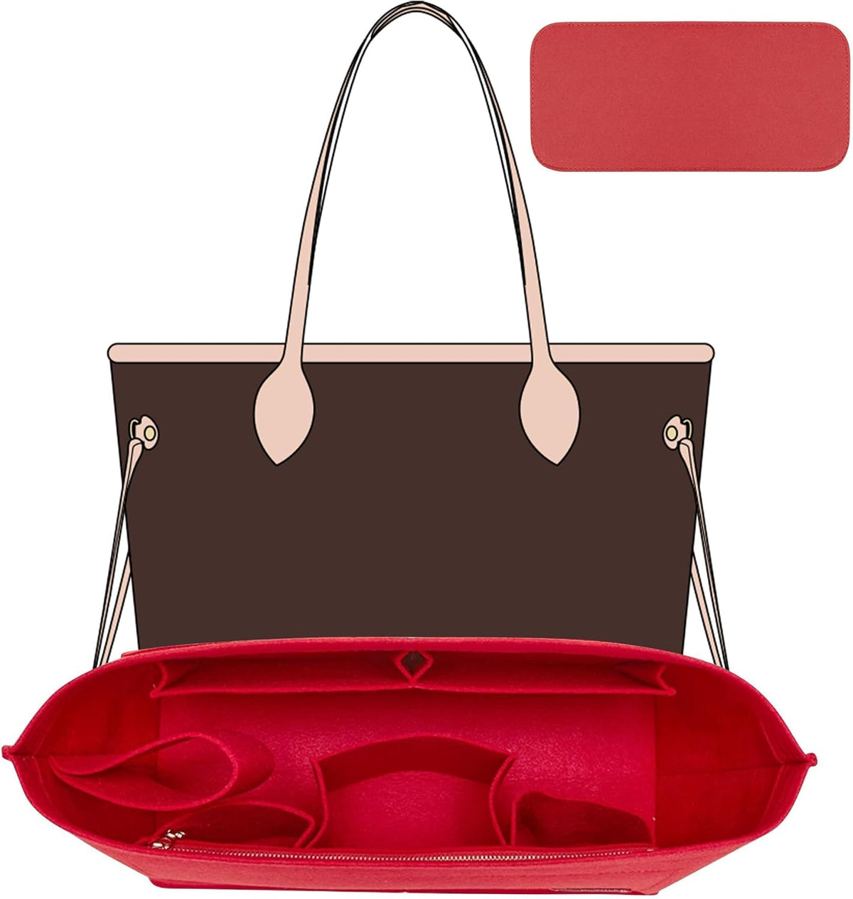 Tote Bag Organizer Insert with Base Shaper, Felt Neverfull MM Organizer, Purse Organizer Insert with Zipper Pocket and Bottle Holder, Fits Speedy 30 Neverfull MM Tote Handbags and More,Beige-L