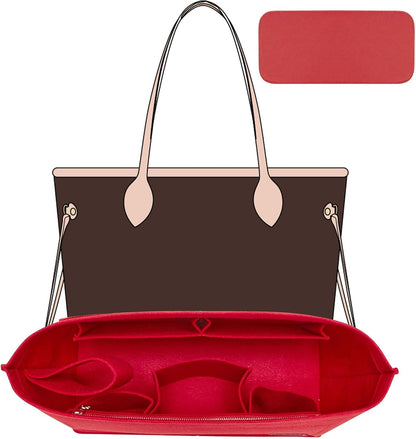 Tote Bag Organizer Insert with Base Shaper, Felt Neverfull MM Organizer, Purse Organizer Insert with Zipper Pocket and Bottle Holder, Fits Speedy 30 Neverfull MM Tote Handbags and More,Beige-L