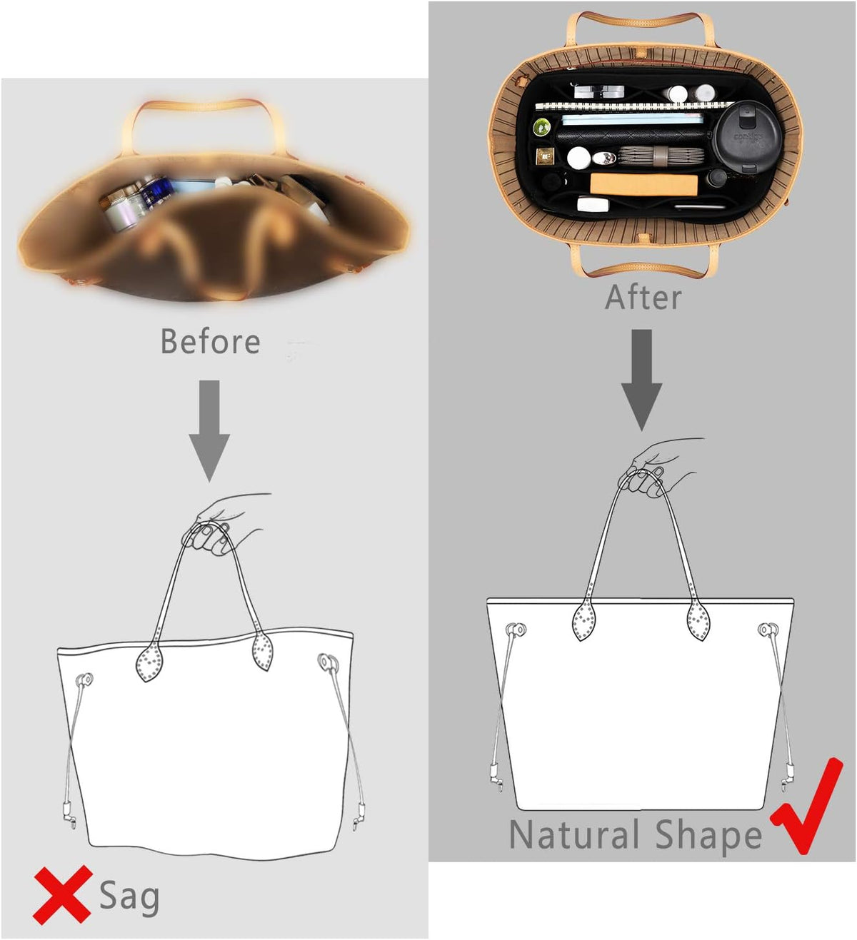 Purse Organizer Insert, Felt Purse Organizer with Zipper and Sewn Bottom Insert, Fit Speedy Neverfull Graceful,6 Sizes
