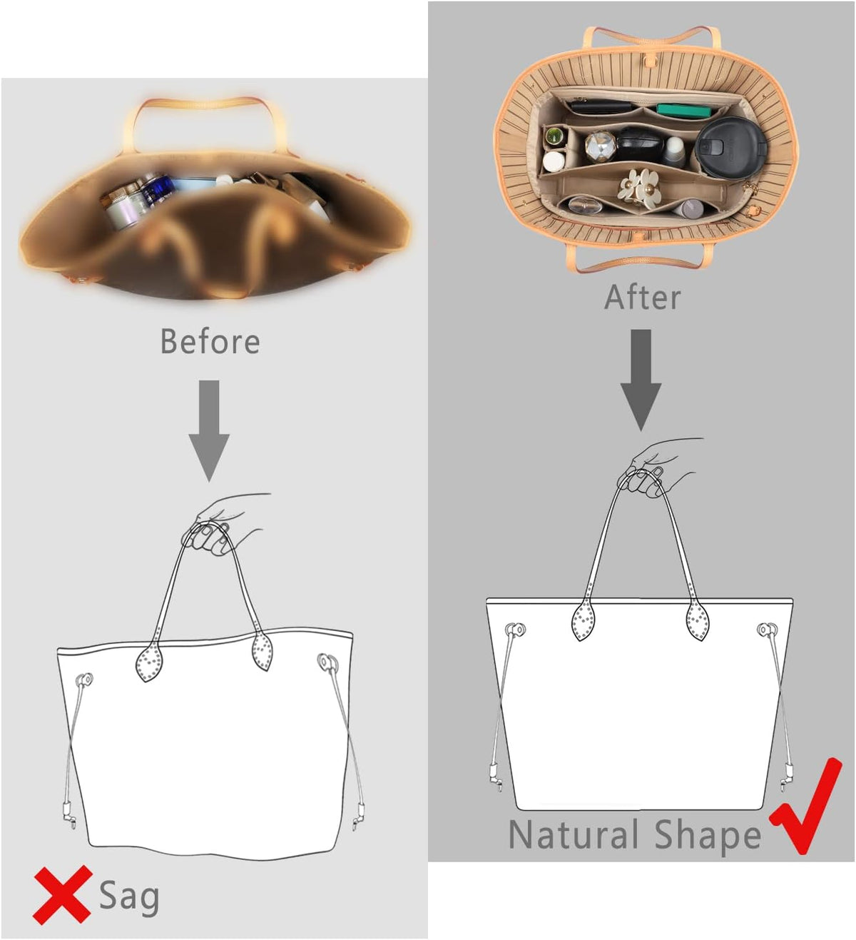 Purse Organizer Insert, Felt Purse Organizer with Zipper and Sewn Bottom Insert, Fit Speedy Neverfull Graceful,6 Sizes