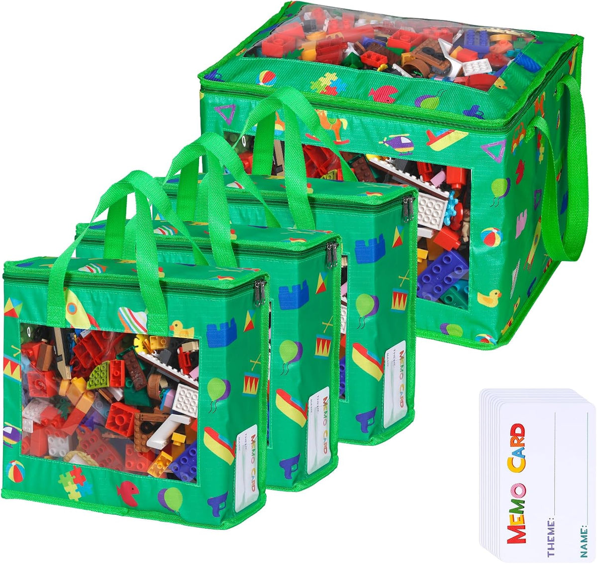 4 Pack Toy Storage Bags with 10 Labels and PVC Windows, Waterproof, 1XL, 3L