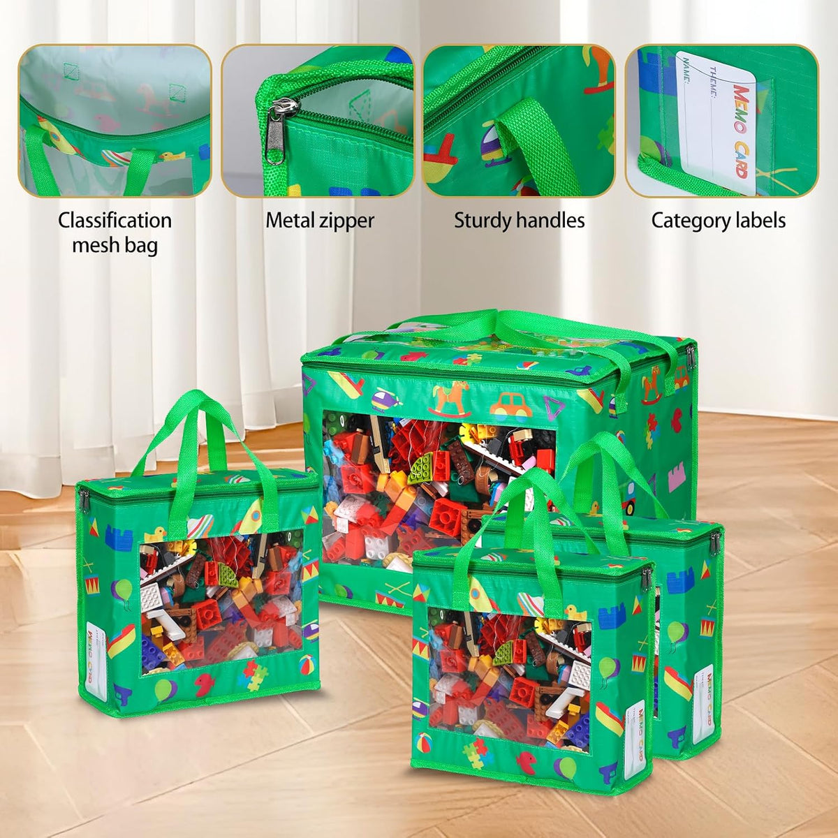 4 Pack Toy Storage Bags with 10 Labels and PVC Windows, Waterproof, 1XL, 3L