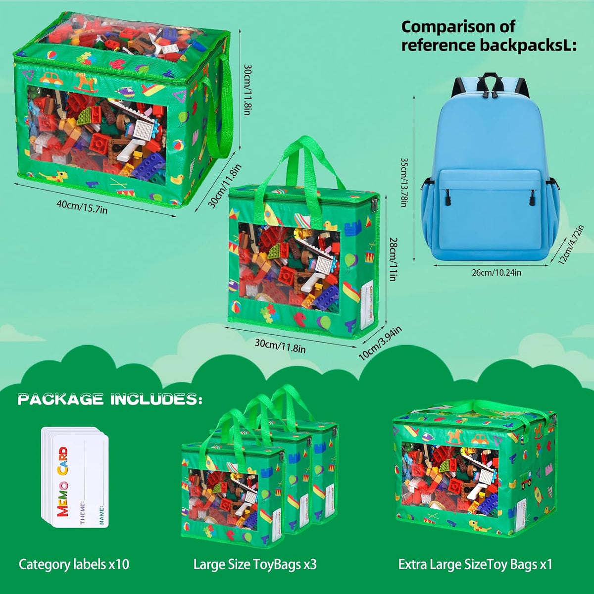 4 Pack Toy Storage Bags with 10 Labels and PVC Windows, Waterproof, 1XL, 3L