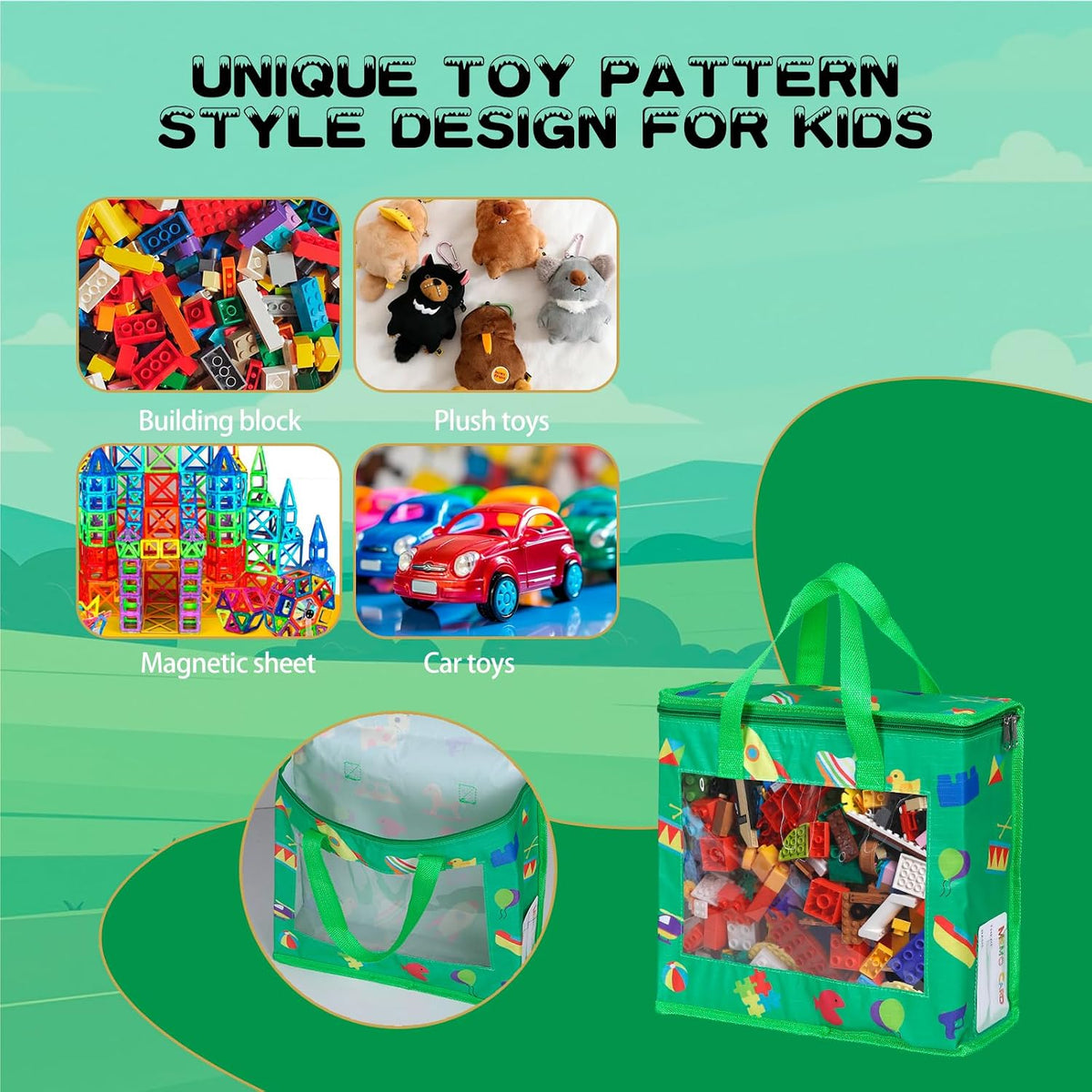 4 Pack Toy Storage Bags with 10 Labels and PVC Windows, Waterproof, 1XL, 3L