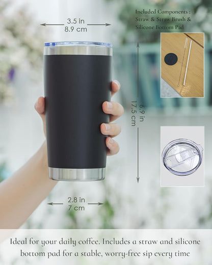 20oz Travel Coffee Tumbler, Insulated Travel Mug, Yellow | Includes 2 Lids & Straw, Stainless Steel, Vacuum Insulated, Fits Car Cup Holders, Hot & Cold Drinks, Reusable Cup