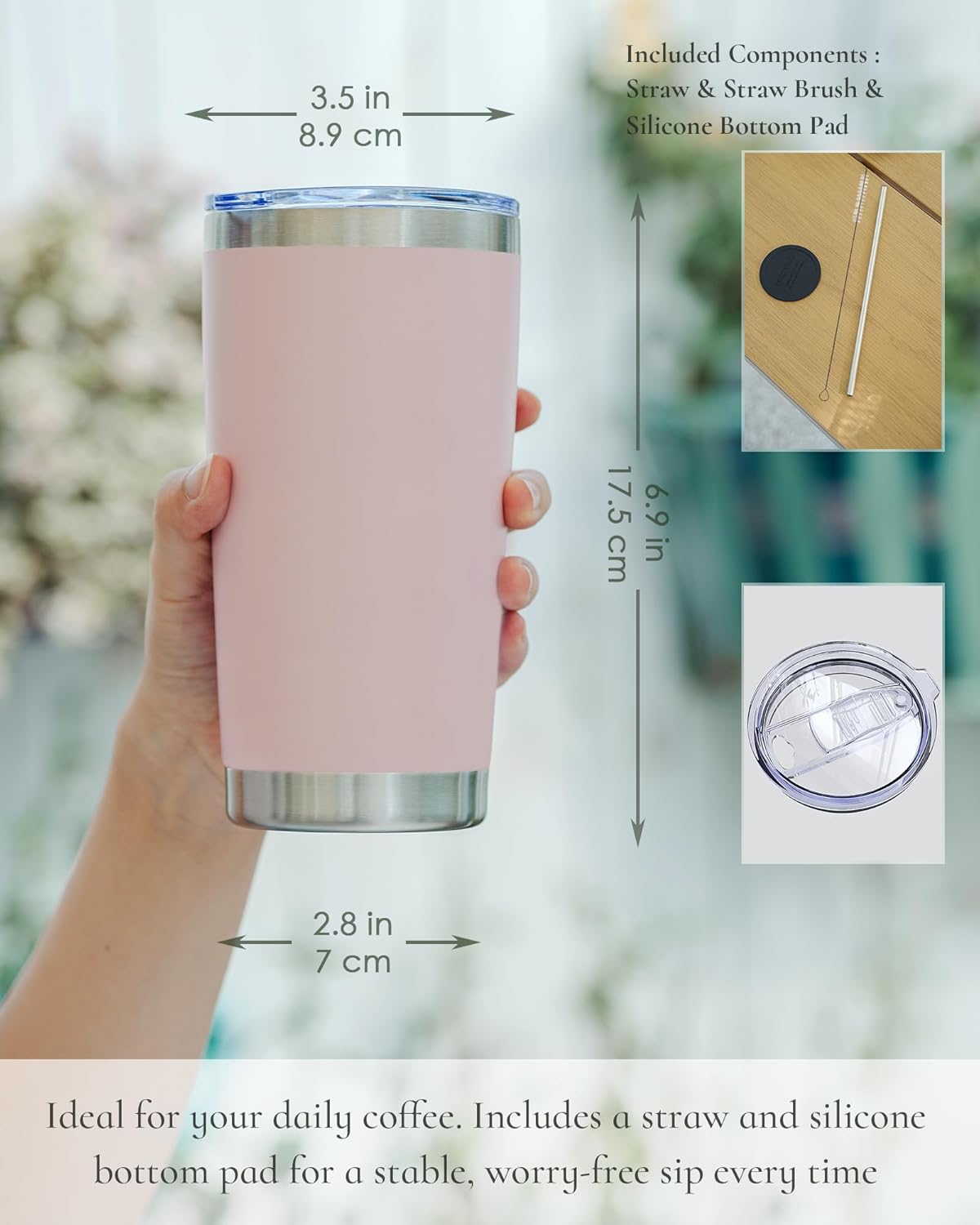 20oz Travel Coffee Tumbler, Insulated Travel Mug, Yellow | Includes 2 Lids & Straw, Stainless Steel, Vacuum Insulated, Fits Car Cup Holders, Hot & Cold Drinks, Reusable Cup