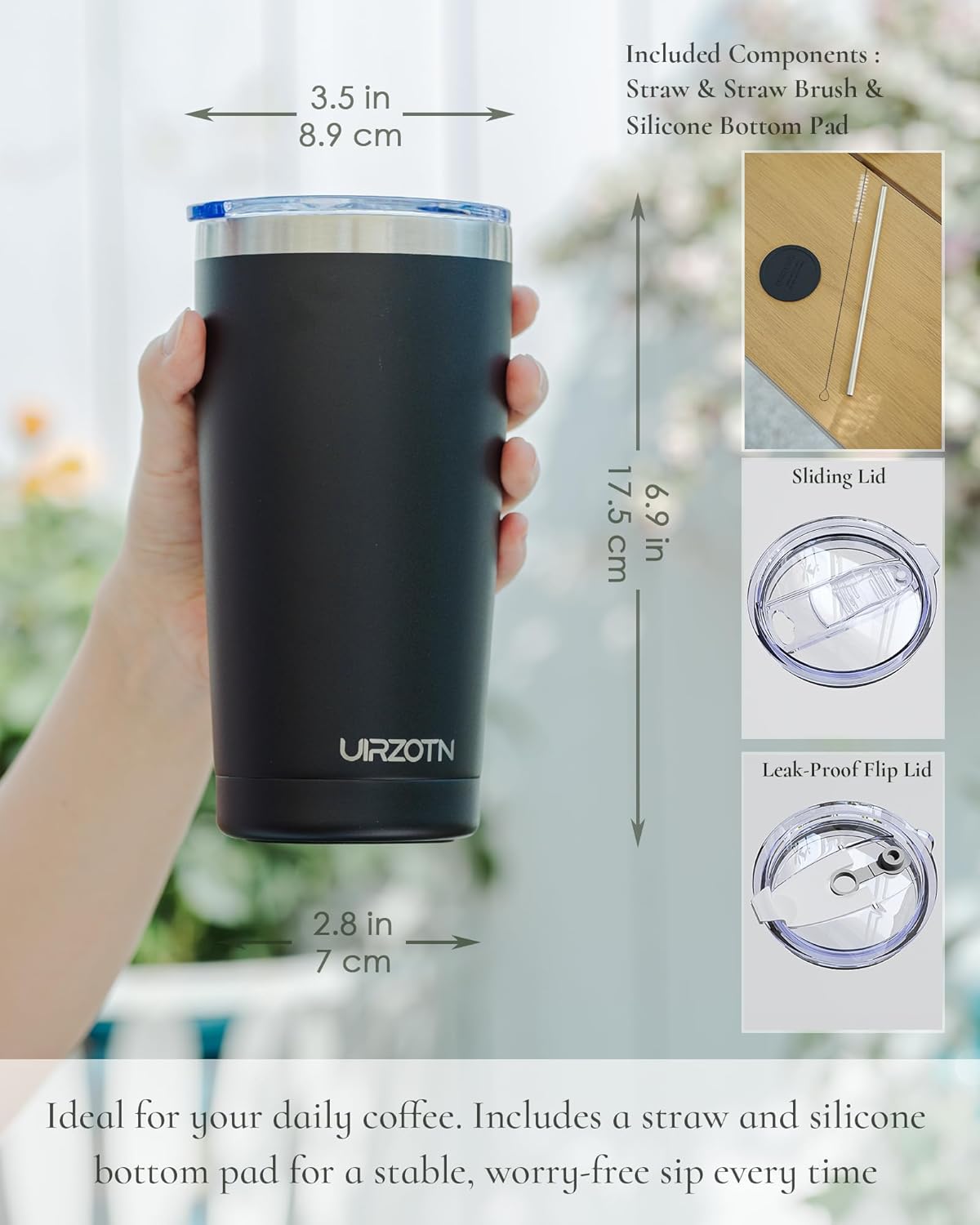 20oz Travel Coffee Tumbler, Insulated Travel Mug, Yellow | Includes 2 Lids & Straw, Stainless Steel, Vacuum Insulated, Fits Car Cup Holders, Hot & Cold Drinks, Reusable Cup