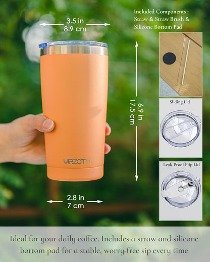 20oz Travel Coffee Tumbler, Insulated Travel Mug, Yellow | Includes 2 Lids & Straw, Stainless Steel, Vacuum Insulated, Fits Car Cup Holders, Hot & Cold Drinks, Reusable Cup