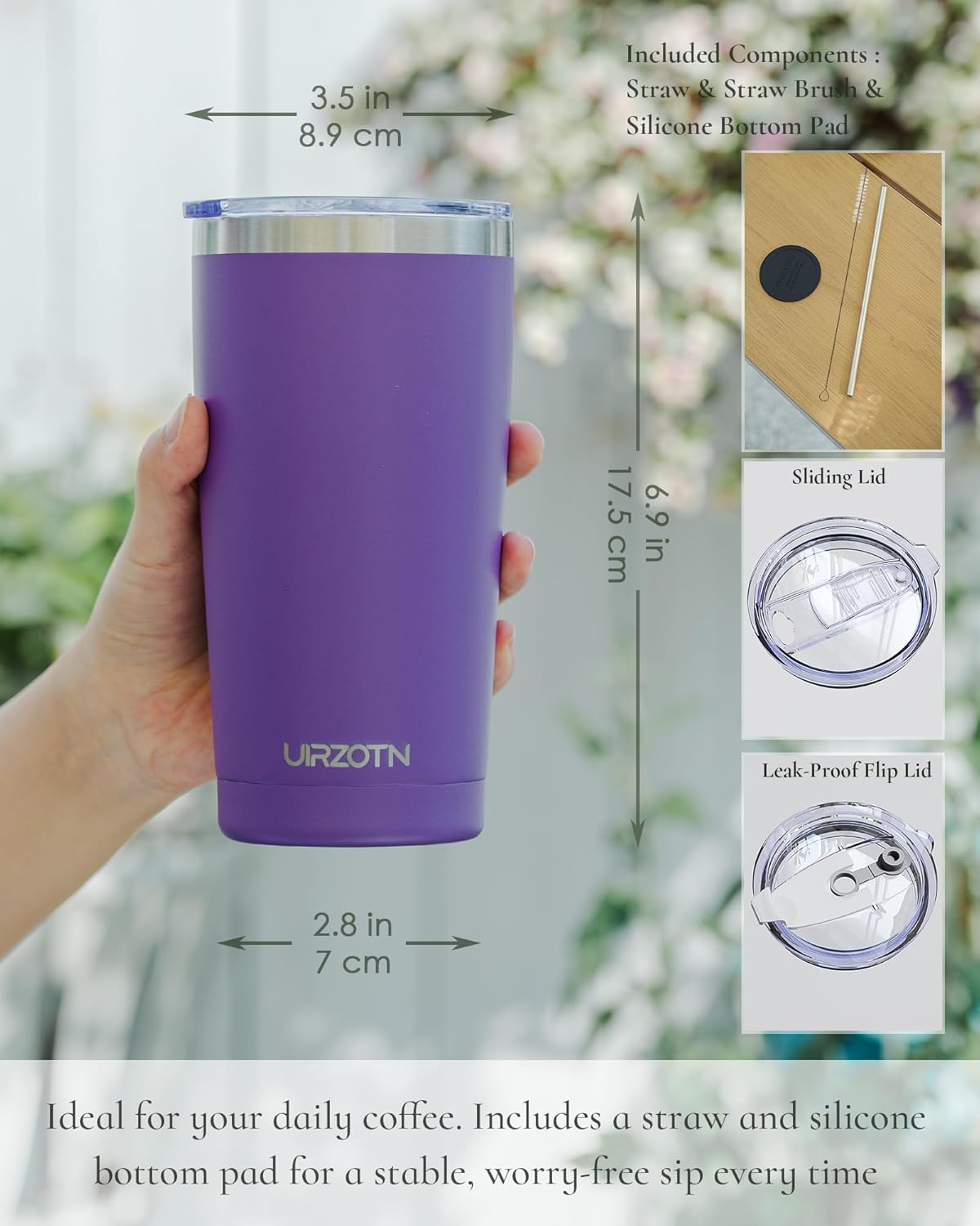 20oz Travel Coffee Tumbler, Insulated Travel Mug, Yellow | Includes 2 Lids & Straw, Stainless Steel, Vacuum Insulated, Fits Car Cup Holders, Hot & Cold Drinks, Reusable Cup