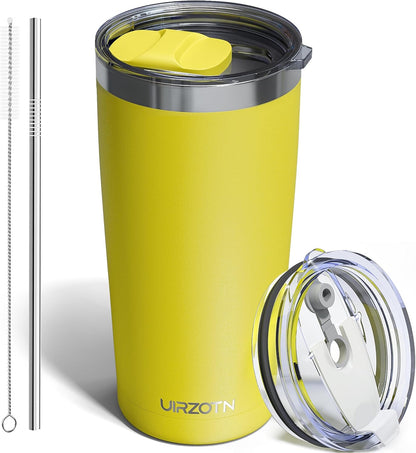 20oz Travel Coffee Tumbler, Insulated Travel Mug, Yellow | Includes 2 Lids & Straw, Stainless Steel, Vacuum Insulated, Fits Car Cup Holders, Hot & Cold Drinks, Reusable Cup