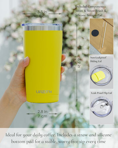 20oz Travel Coffee Tumbler, Insulated Travel Mug, Yellow | Includes 2 Lids & Straw, Stainless Steel, Vacuum Insulated, Fits Car Cup Holders, Hot & Cold Drinks, Reusable Cup