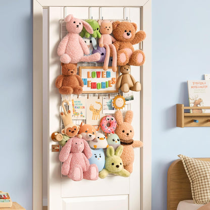 Over the Door Stuffed Animal Storage Organizer - Stuffed Animal Holder - Behind the Door Plushies Storage - Grid Wall Panels Photo Display - Toddler Girls Boys Kids Playroom Nursery Room Wall Decor