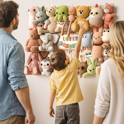 Over the Door Stuffed Animal Storage Organizer - Stuffed Animal Holder - Behind the Door Plushies Storage - Grid Wall Panels Photo Display - Toddler Girls Boys Kids Playroom Nursery Room Wall Decor