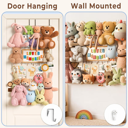 Over the Door Stuffed Animal Storage Organizer - Stuffed Animal Holder - Behind the Door Plushies Storage - Grid Wall Panels Photo Display - Toddler Girls Boys Kids Playroom Nursery Room Wall Decor