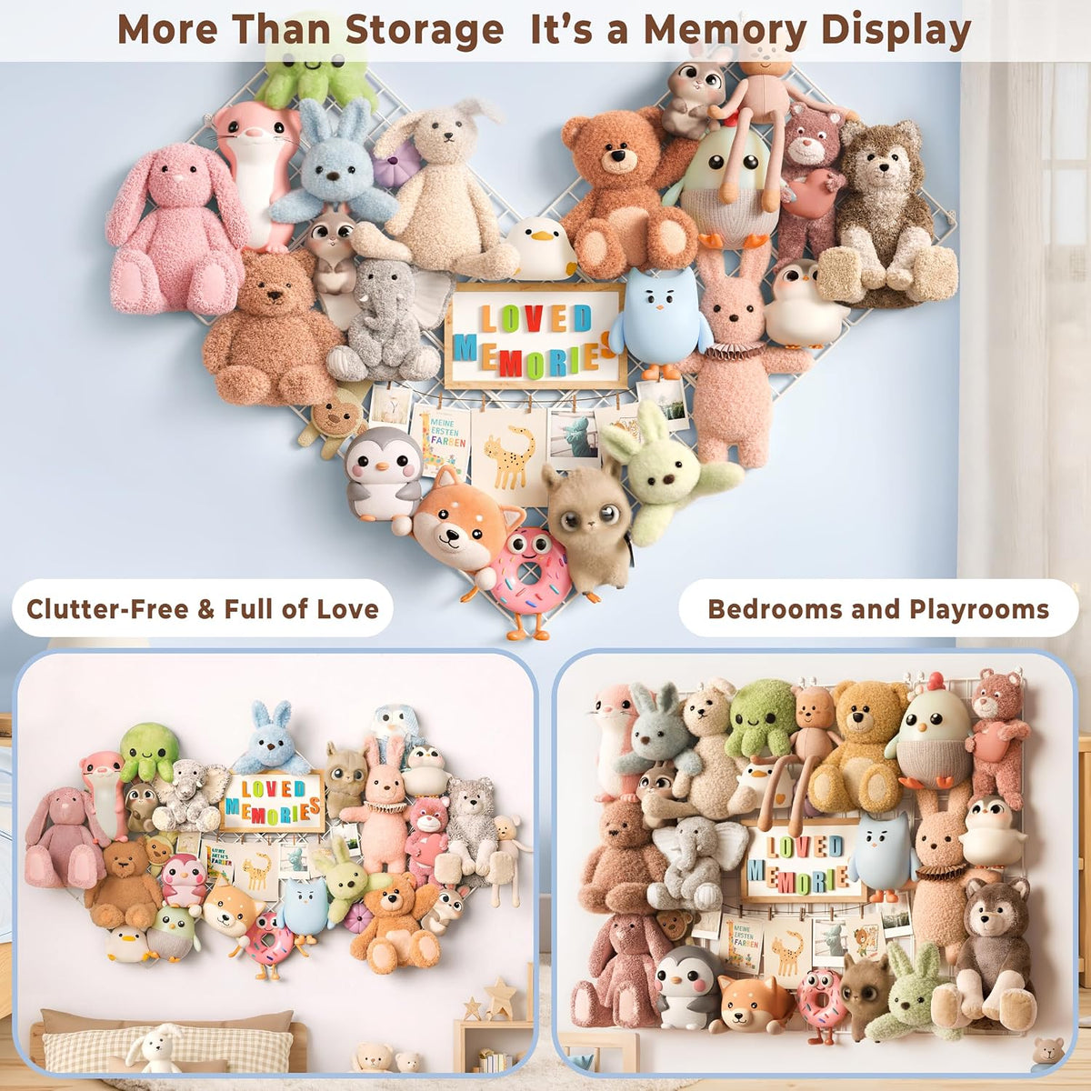 Over the Door Stuffed Animal Storage Organizer - Stuffed Animal Holder - Behind the Door Plushies Storage - Grid Wall Panels Photo Display - Toddler Girls Boys Kids Playroom Nursery Room Wall Decor