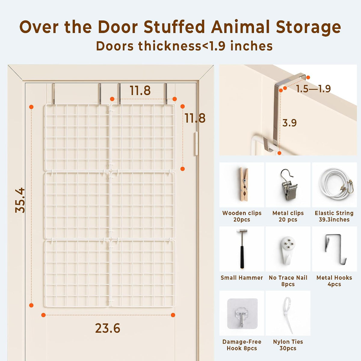 Over the Door Stuffed Animal Storage Organizer - Stuffed Animal Holder - Behind the Door Plushies Storage - Grid Wall Panels Photo Display - Toddler Girls Boys Kids Playroom Nursery Room Wall Decor
