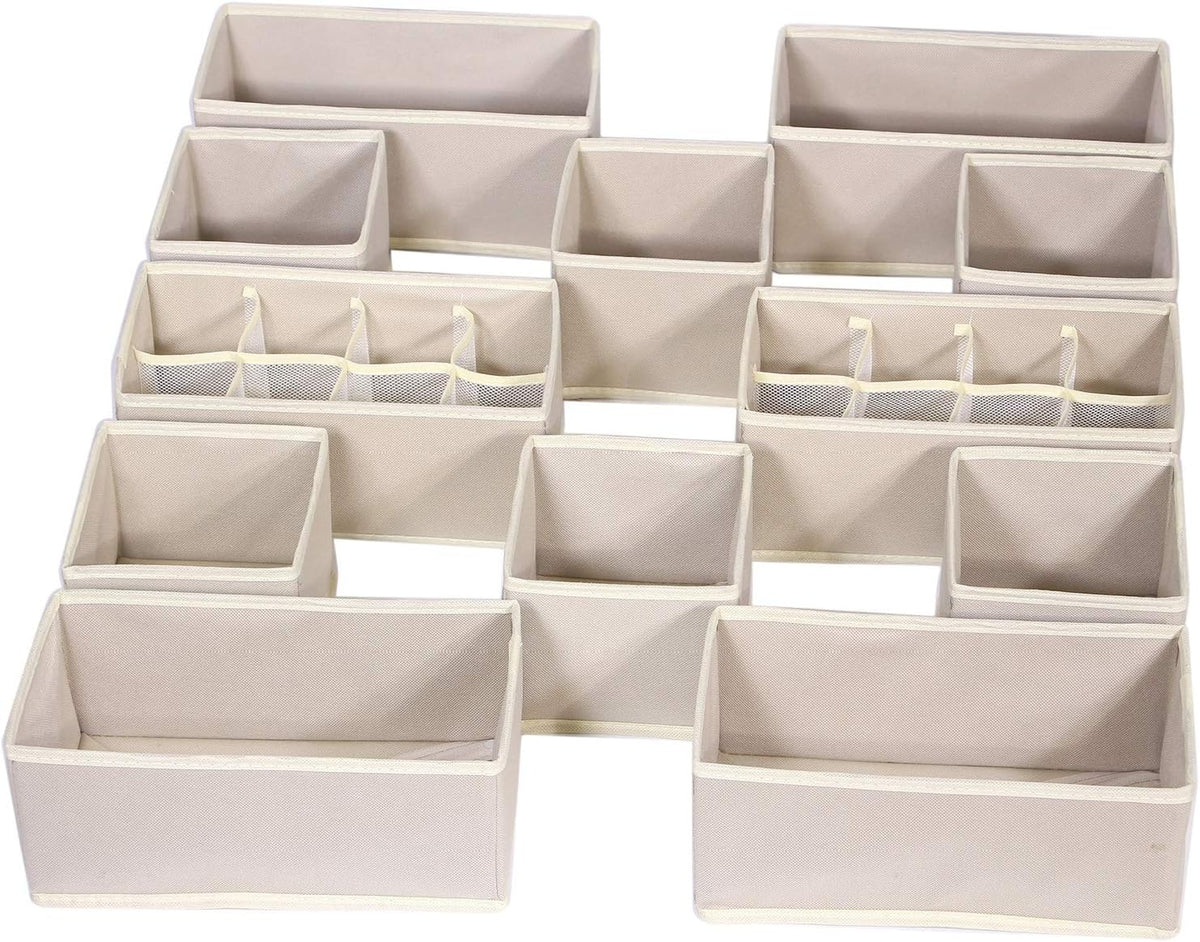 12 Pack Foldable Drawer Organizer Dividers Cloth Storage Box Closet Dresser Organizer Cube Fabric Containers Basket Bins for Underwear Bras Socks Panties Lingeries Nursery Baby Clothes Beige NN246