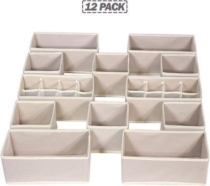 12 Pack Foldable Drawer Organizer Dividers Cloth Storage Box Closet Dresser Organizer Cube Fabric Containers Basket Bins for Underwear Bras Socks Panties Lingeries Nursery Baby Clothes Beige NN246