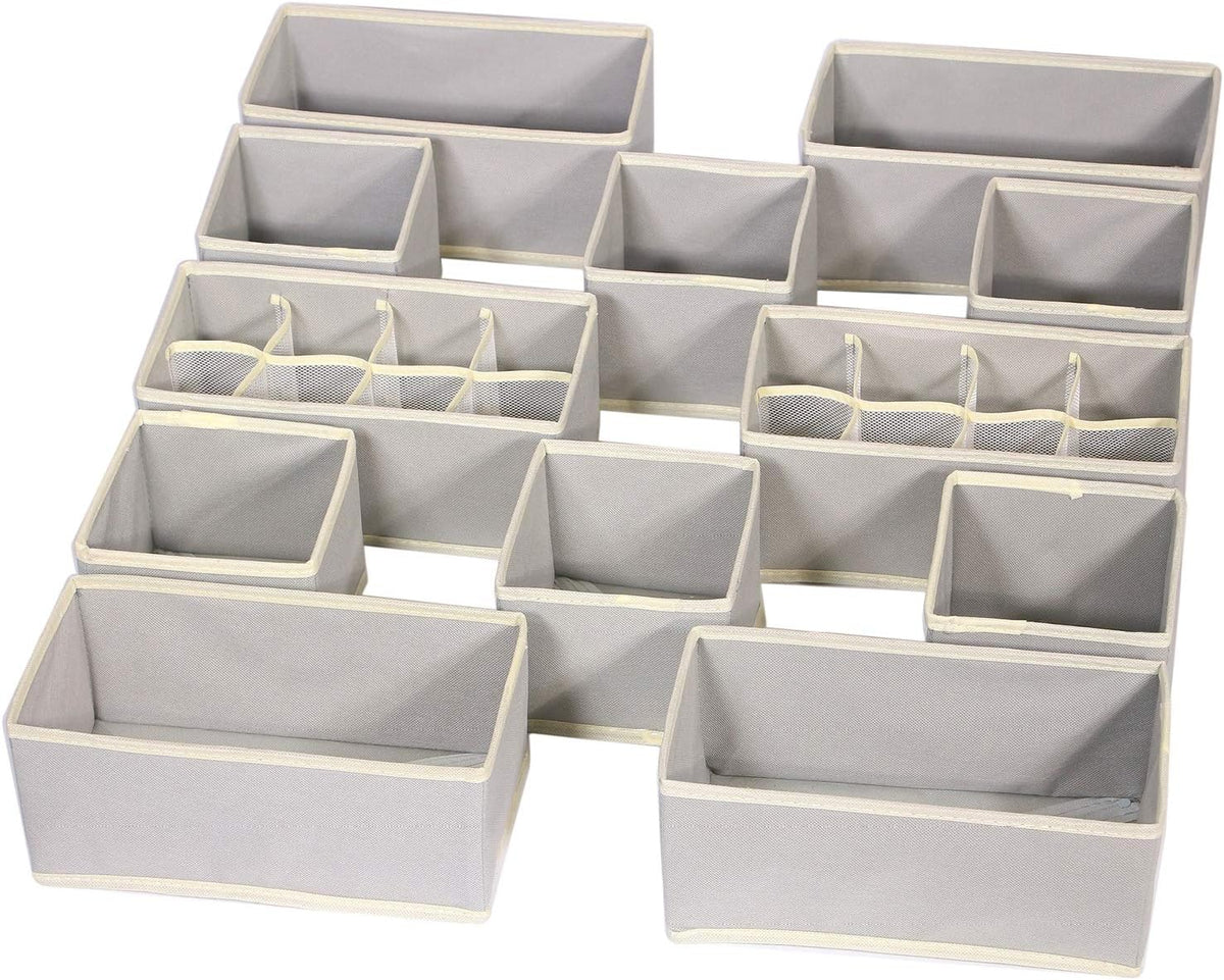 12 Pack Foldable Drawer Organizer Dividers Cloth Storage Box Closet Dresser Organizer Cube Fabric Containers Basket Bins for Underwear Bras Socks Panties Lingeries Nursery Baby Clothes Beige NN246