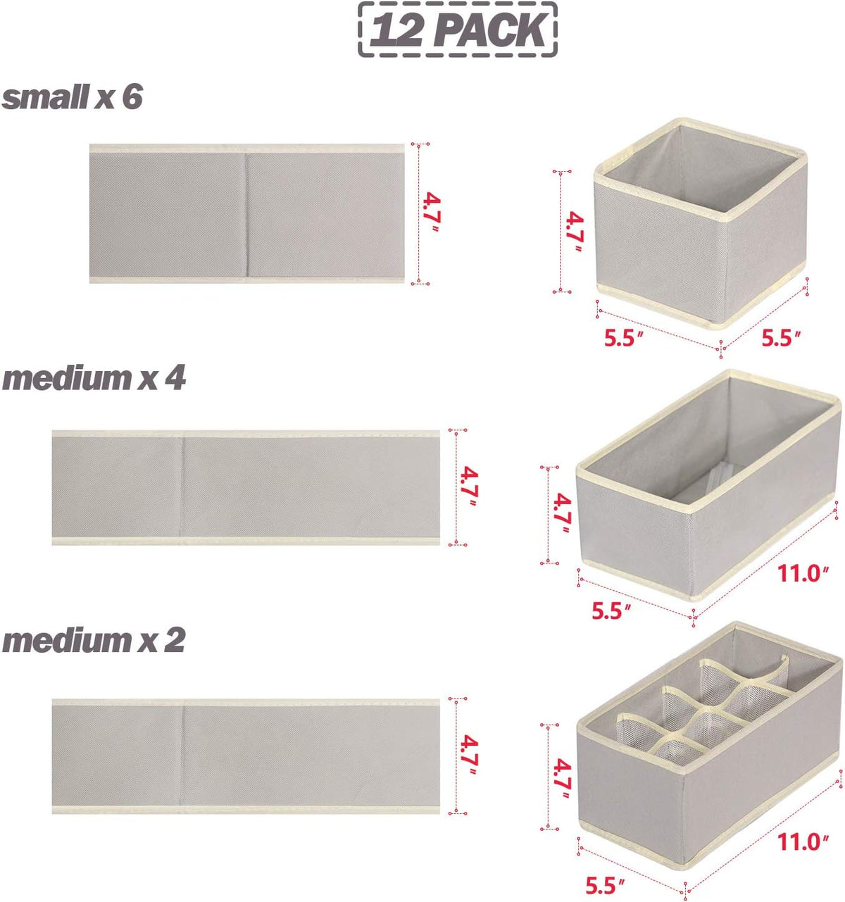 12 Pack Foldable Drawer Organizer Dividers Cloth Storage Box Closet Dresser Organizer Cube Fabric Containers Basket Bins for Underwear Bras Socks Panties Lingeries Nursery Baby Clothes Beige NN246
