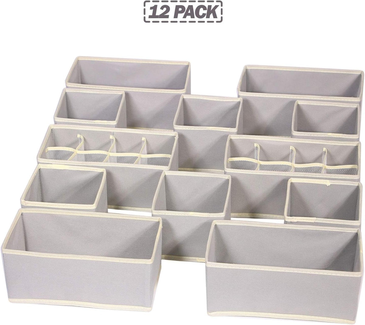 12 Pack Foldable Drawer Organizer Dividers Cloth Storage Box Closet Dresser Organizer Cube Fabric Containers Basket Bins for Underwear Bras Socks Panties Lingeries Nursery Baby Clothes Beige NN246