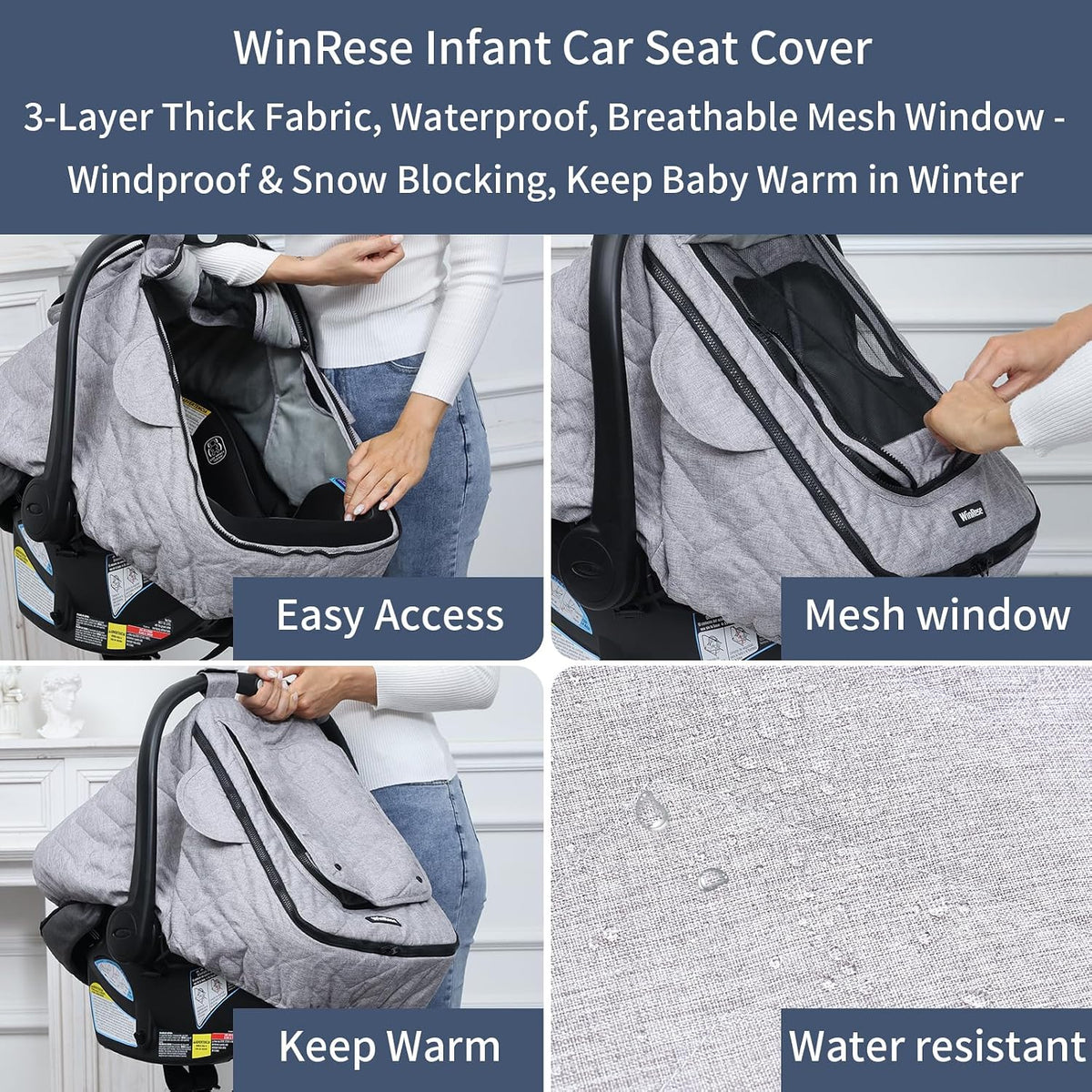 Baby Car Seat Cover - 3-Layer Thick Fabric, Waterproof, Breathable Mesh Window - Windproof & Snow Blocking, Keep Baby Warm in Winter - Universal Fit for Infant Car Seat and Carrier