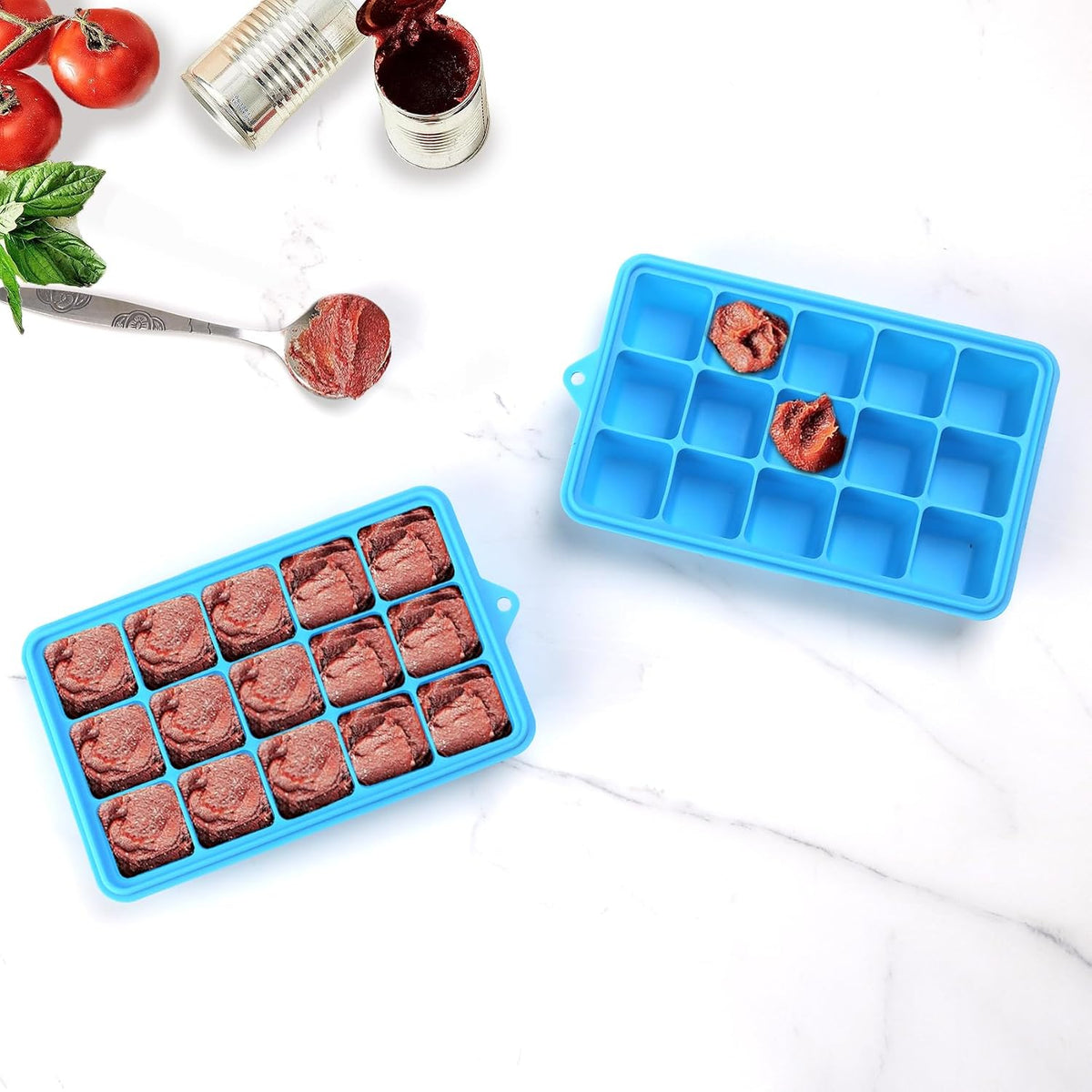 2 Tbsp Silicone Freezer Molds - Perfect for Storing Garlic, Ginger, Herbs,Pesto, Tomato Paste, Lemon Juice,Vegetable Purees,Purees and More - Silicone Food Freezer Tray (Blue)