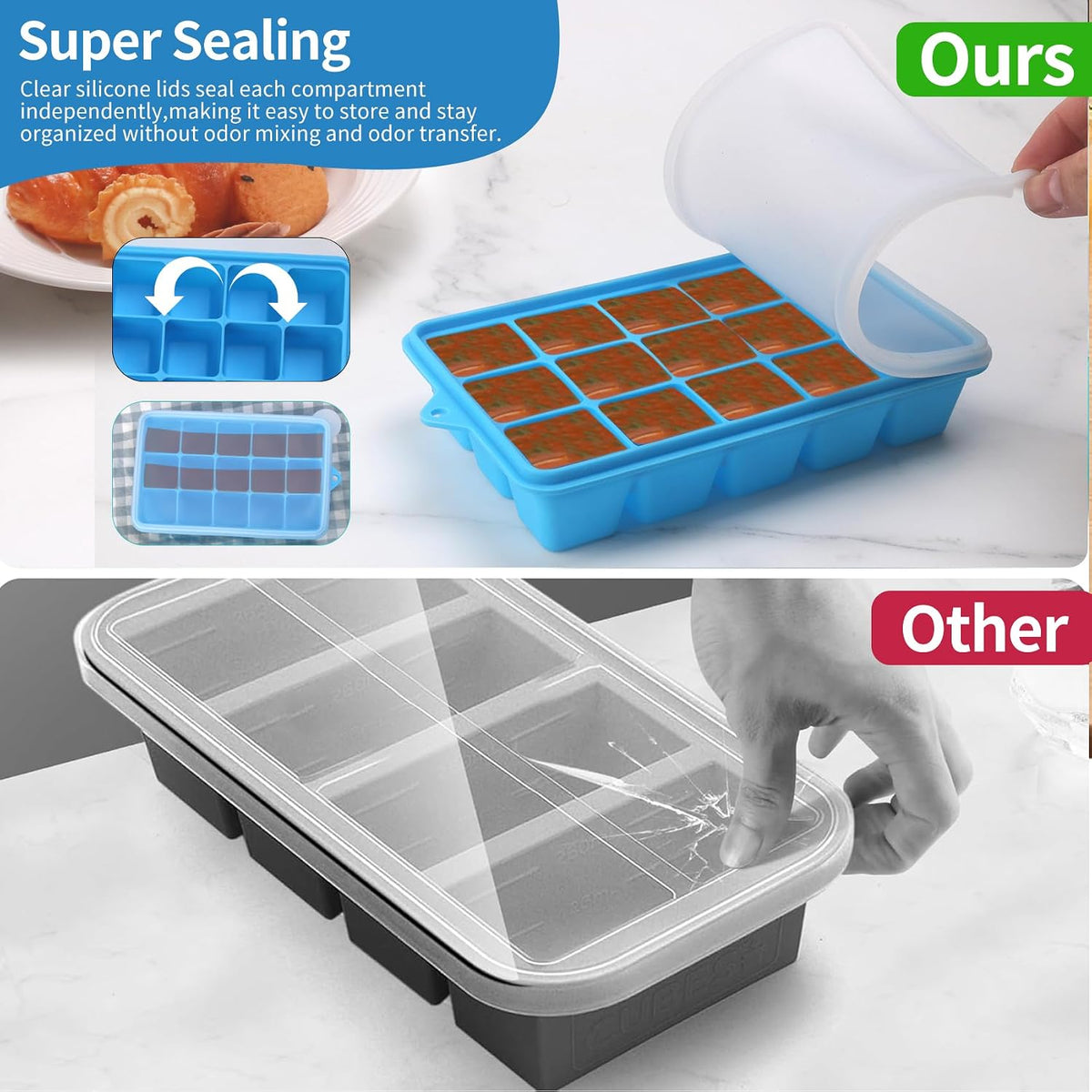 2 Tbsp Silicone Freezer Molds - Perfect for Storing Garlic, Ginger, Herbs,Pesto, Tomato Paste, Lemon Juice,Vegetable Purees,Purees and More - Silicone Food Freezer Tray (Blue)