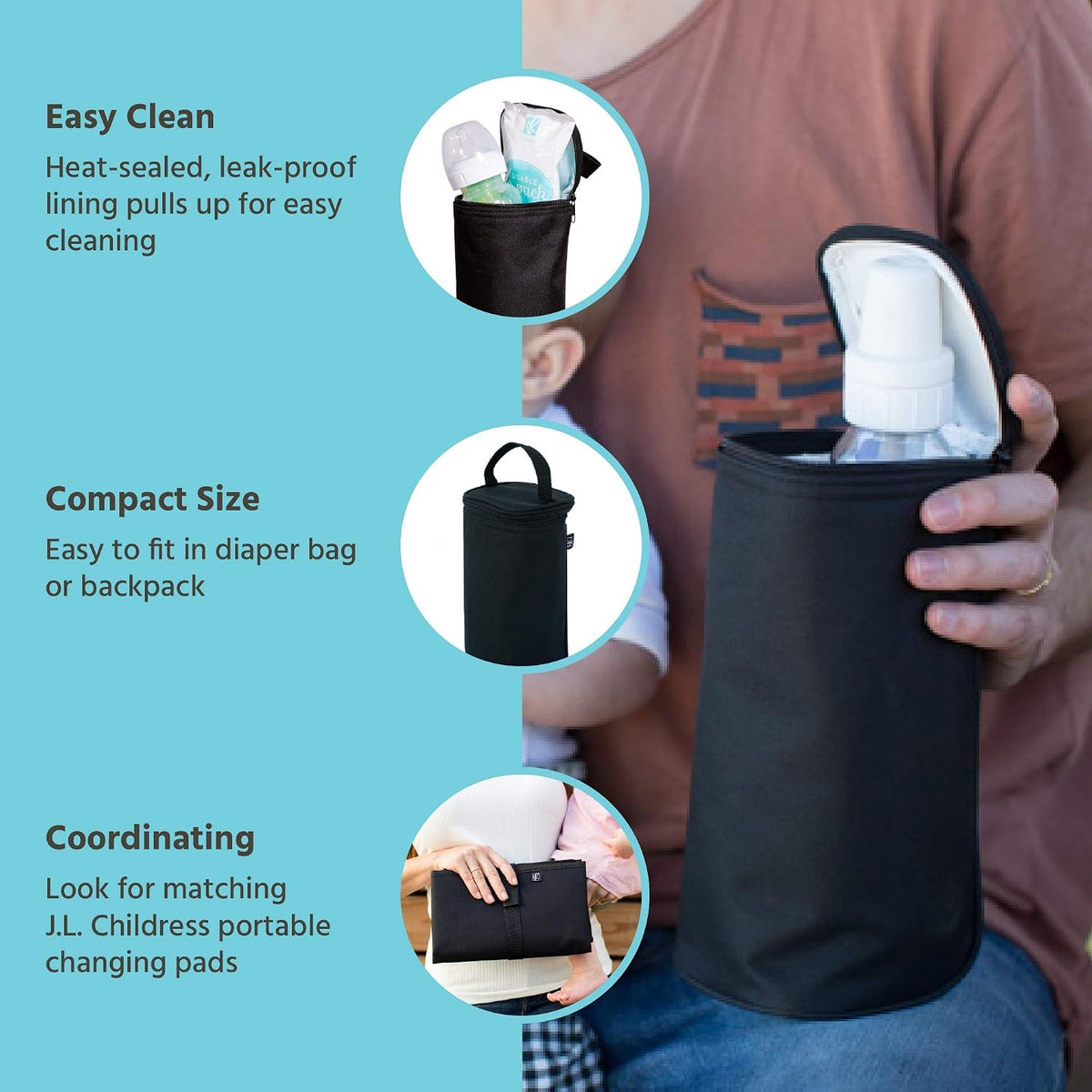 J.L. Childress Baby Bottle Bag, Breastmilk Cooler, Fits 1-2 Bottles, Black