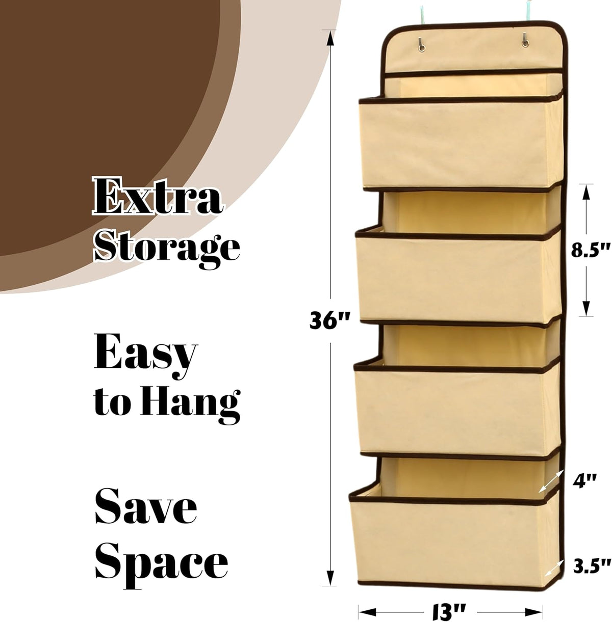 4 Pocket Over the Door Wall Mount Hanging Organizer, Beige