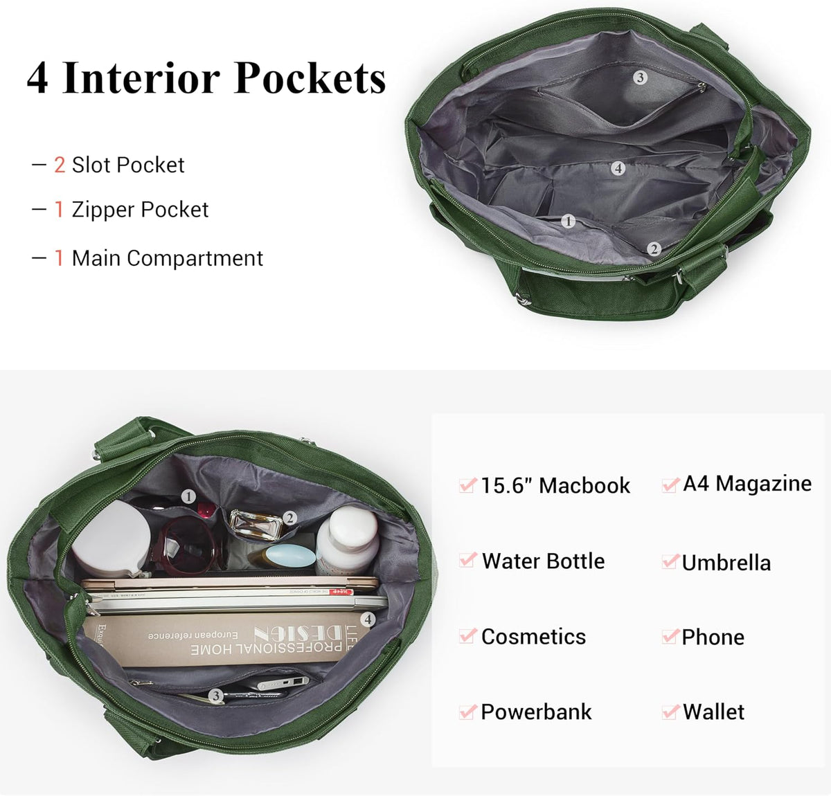 Canvas Tote Bag Waterproof Nylon Multi Pocket Shoulder Bags Laptop Work Bag Teacher Purse Handbag for Women Men