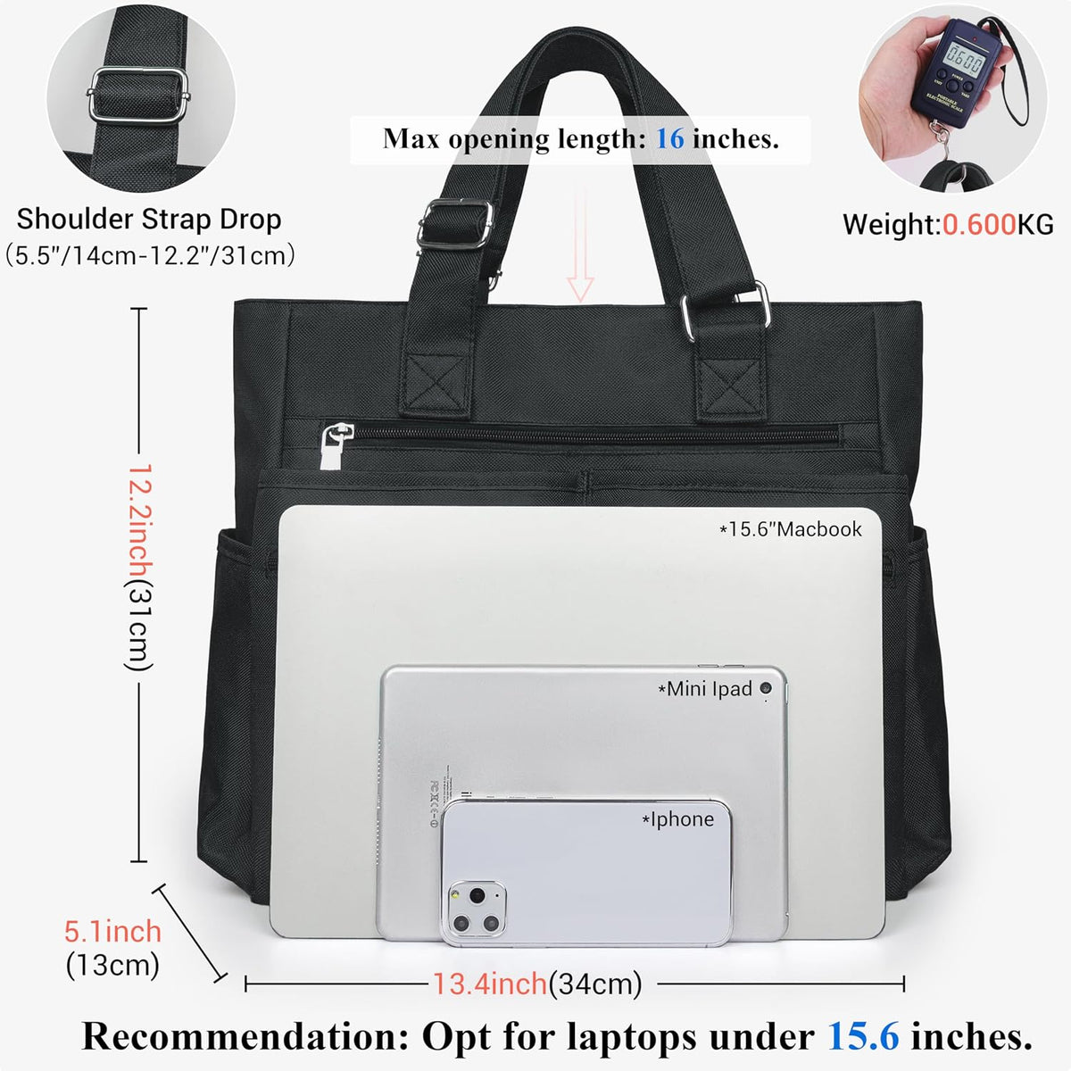 Canvas Tote Bag Waterproof Nylon Multi Pocket Shoulder Bags Laptop Work Bag Teacher Purse Handbag for Women Men