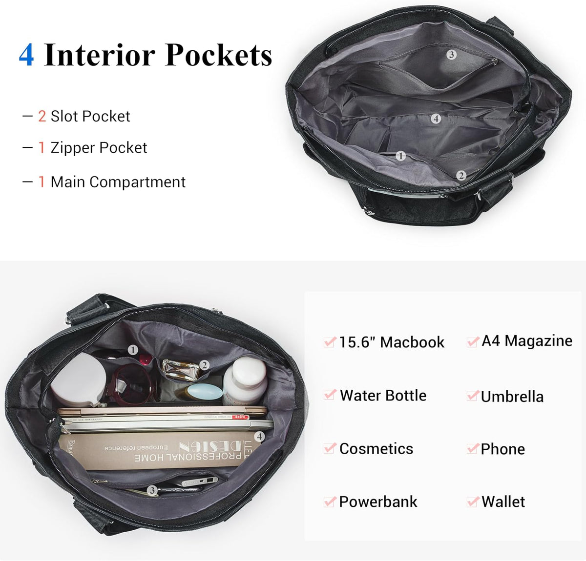 Canvas Tote Bag Waterproof Nylon Multi Pocket Shoulder Bags Laptop Work Bag Teacher Purse Handbag for Women Men