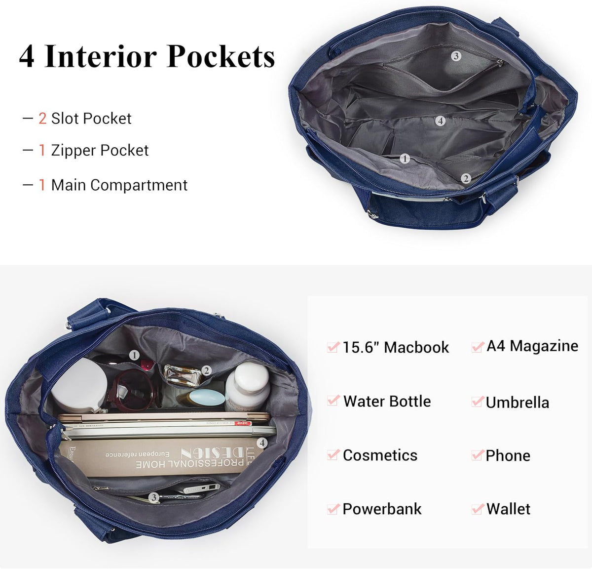 Canvas Tote Bag Waterproof Nylon Multi Pocket Shoulder Bags Laptop Work Bag Teacher Purse Handbag for Women Men