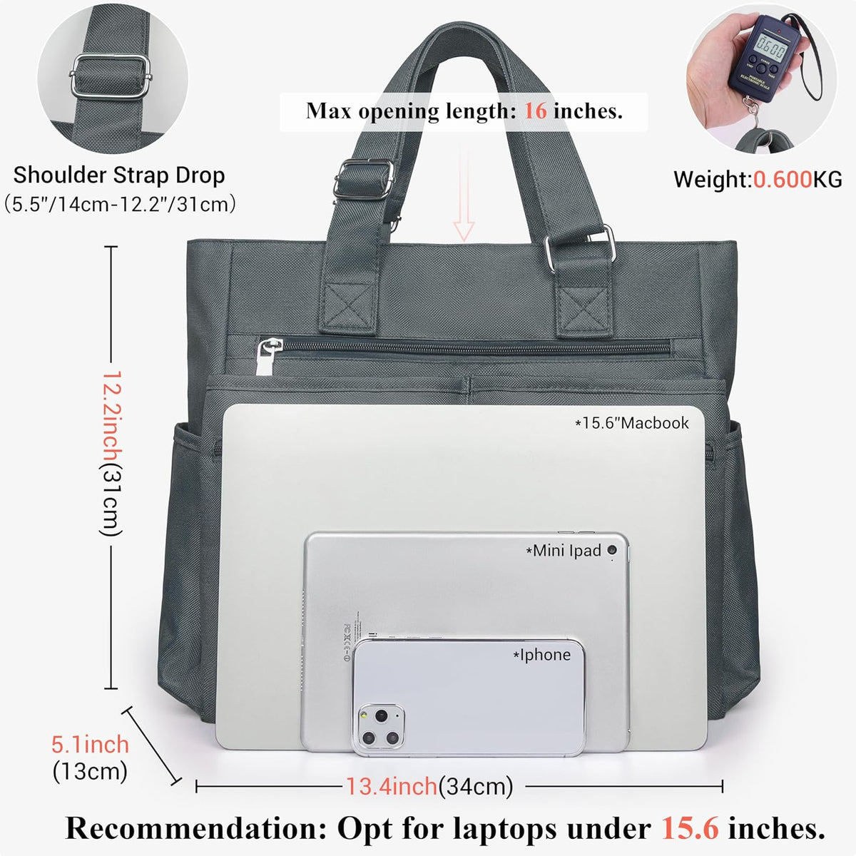 Canvas Tote Bag Waterproof Nylon Multi Pocket Shoulder Bags Laptop Work Bag Teacher Purse Handbag for Women Men