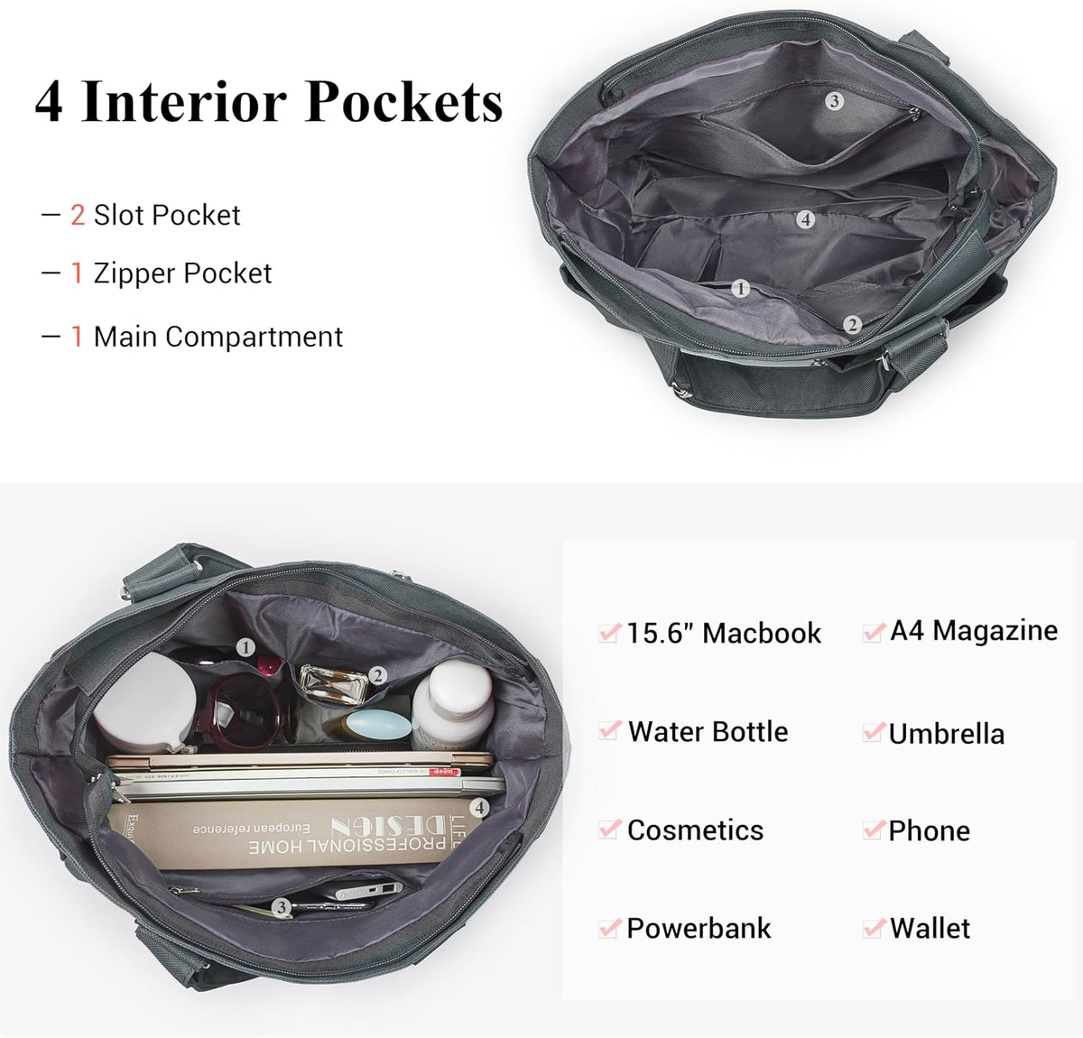 Canvas Tote Bag Waterproof Nylon Multi Pocket Shoulder Bags Laptop Work Bag Teacher Purse Handbag for Women Men