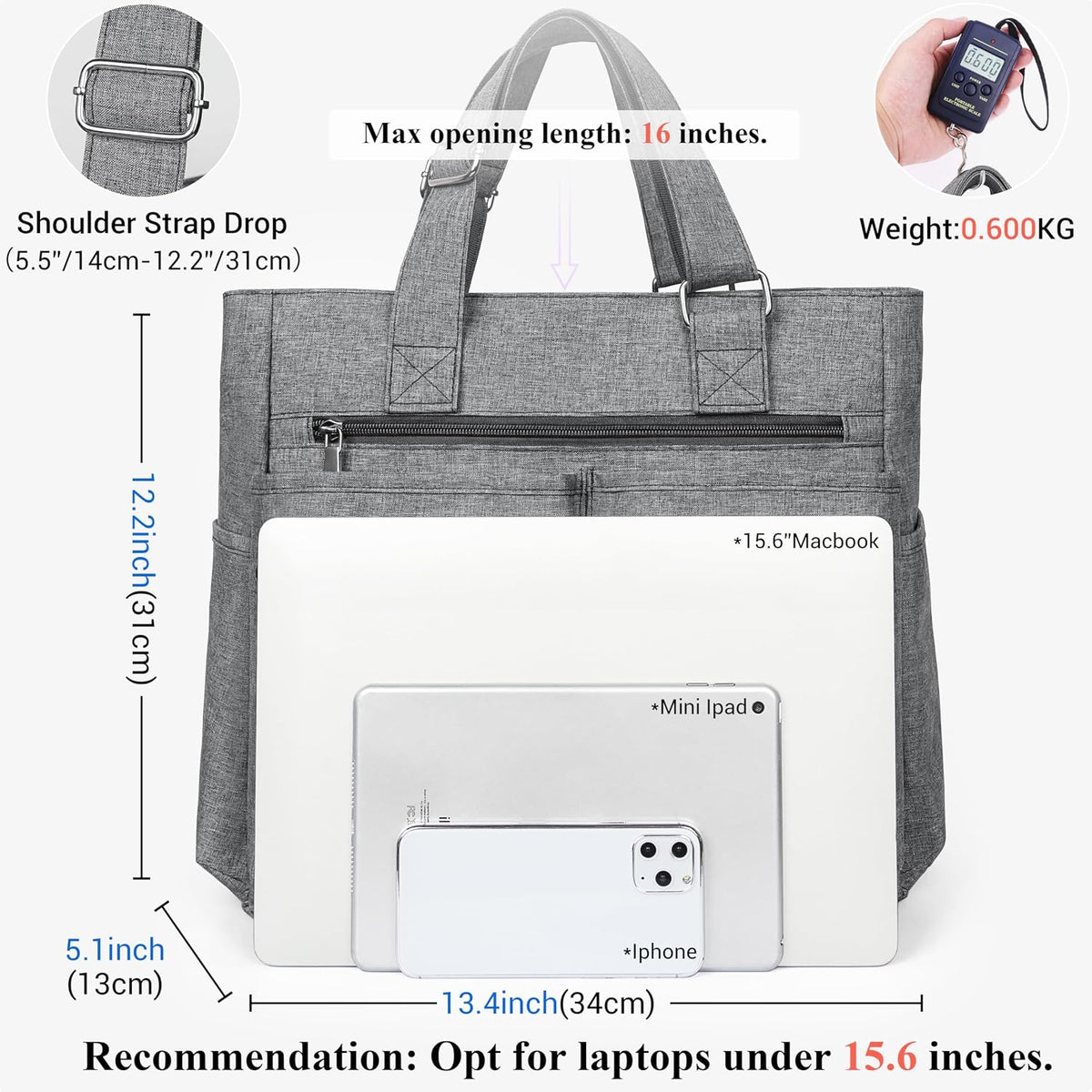 Canvas Tote Bag Waterproof Nylon Multi Pocket Shoulder Bags Laptop Work Bag Teacher Purse Handbag for Women Men