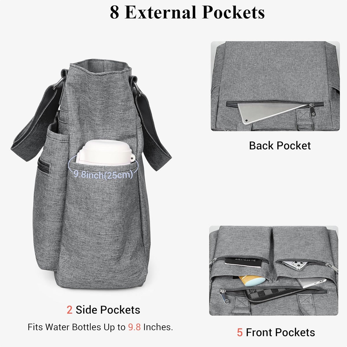 Canvas Tote Bag Waterproof Nylon Multi Pocket Shoulder Bags Laptop Work Bag Teacher Purse Handbag for Women Men