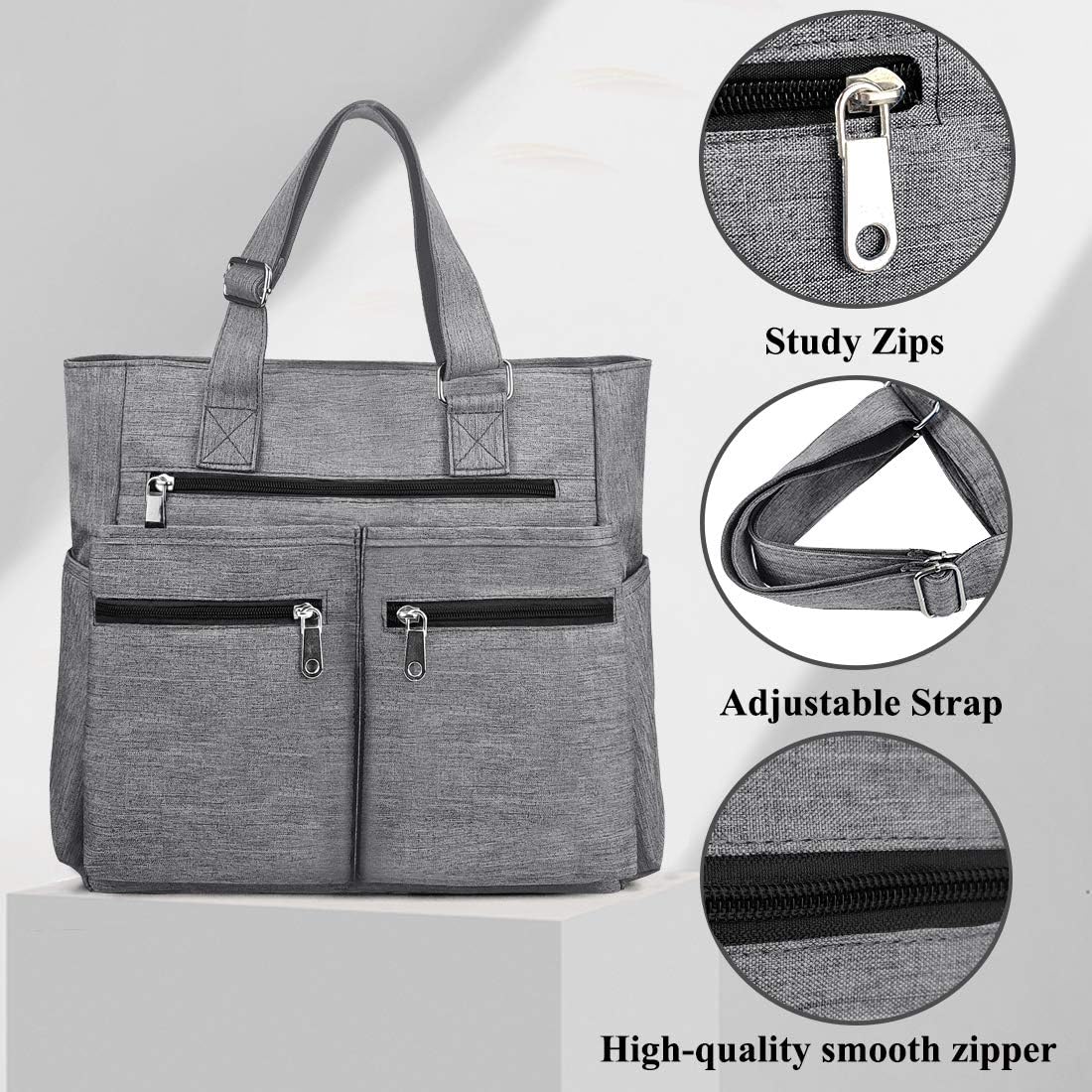 Canvas Tote Bag Waterproof Nylon Multi Pocket Shoulder Bags Laptop Work Bag Teacher Purse Handbag for Women Men