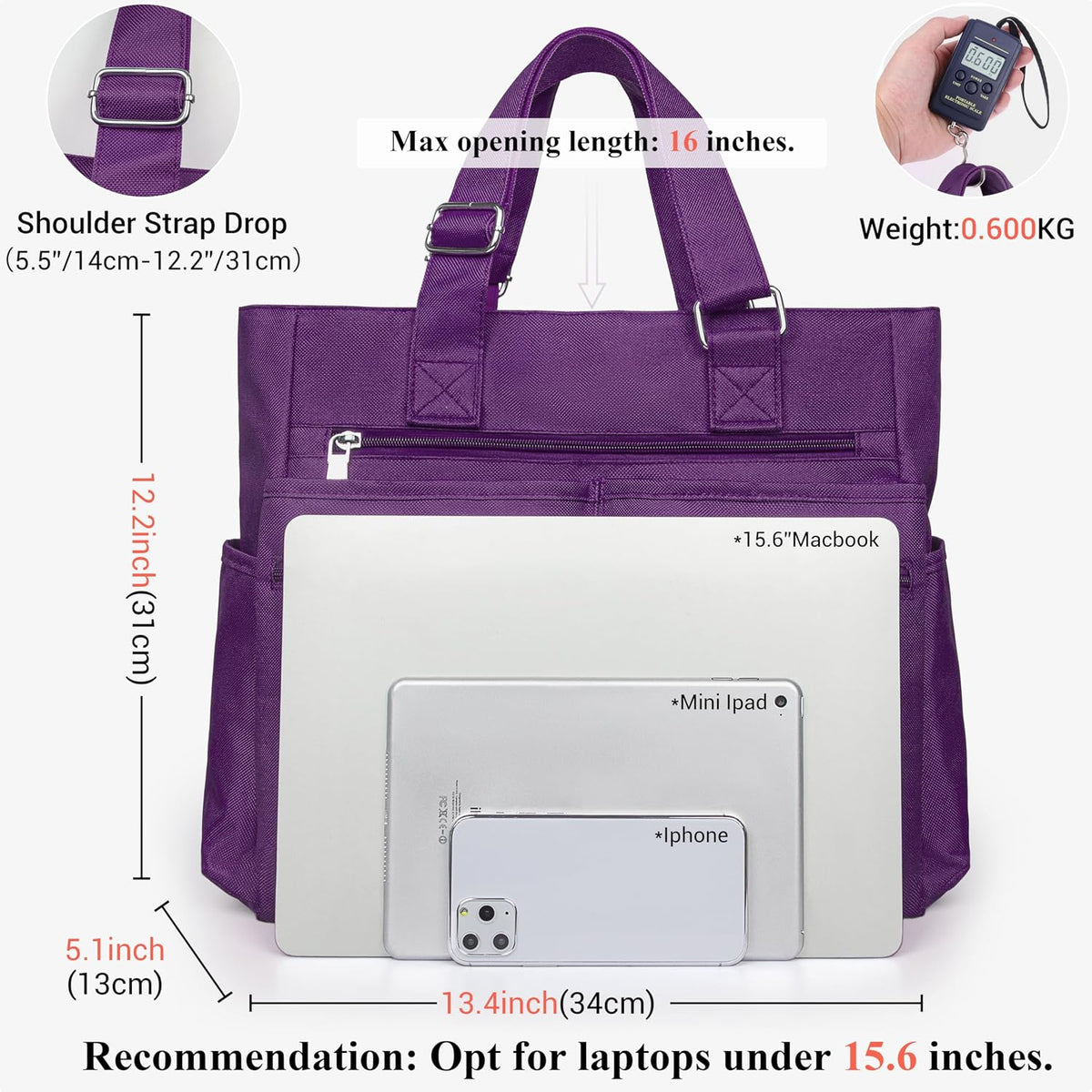 Canvas Tote Bag Waterproof Nylon Multi Pocket Shoulder Bags Laptop Work Bag Teacher Purse Handbag for Women Men