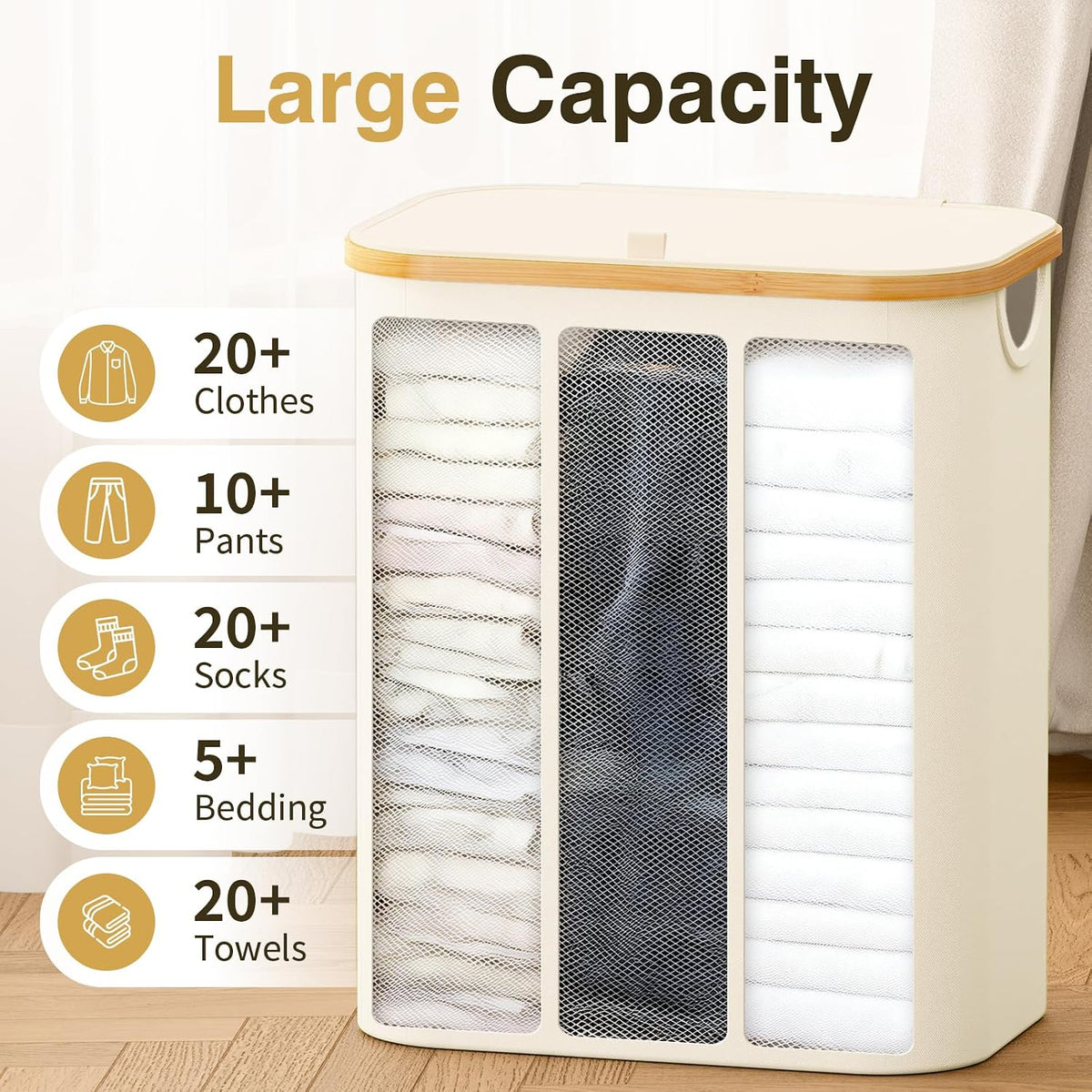 Hampers for Laundry Basket with Lid, 145L Large Laundry Hamper 3 Section